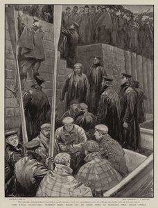Námořní manévry, důstojníci jsou odváženi na své lodě v Buncrana Pier, Lough Swilly